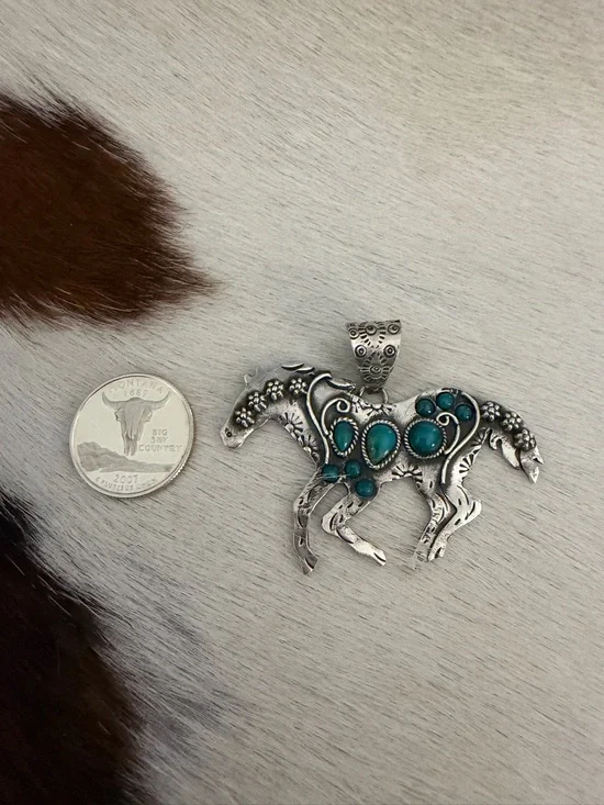 ❤️Kingman Turquoise Sterling Hand Stamped Statement Running Horse Pendant 2.41”W - Picture 6 of 12
